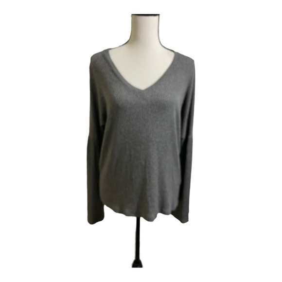 Lucky Brand womens V-neck ribbed bell sleeves sweater grey size Small.Rayon - Picture 7 of 9